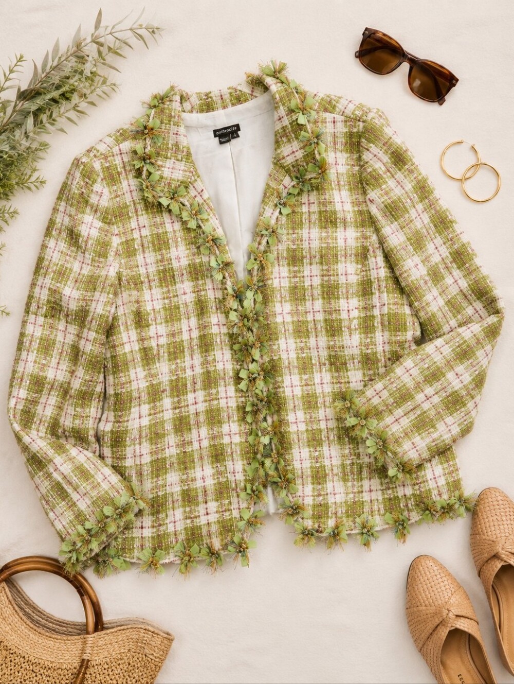 Antracite Lime Green Pink Tweed Cottage Ribbon Detail Jacket. Ladies 14